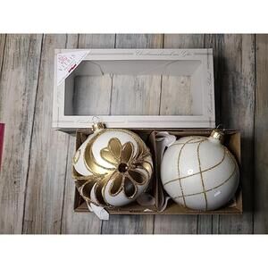 2 Vitbis Glass Ornaments Handmade In Poland White And Gold NOB